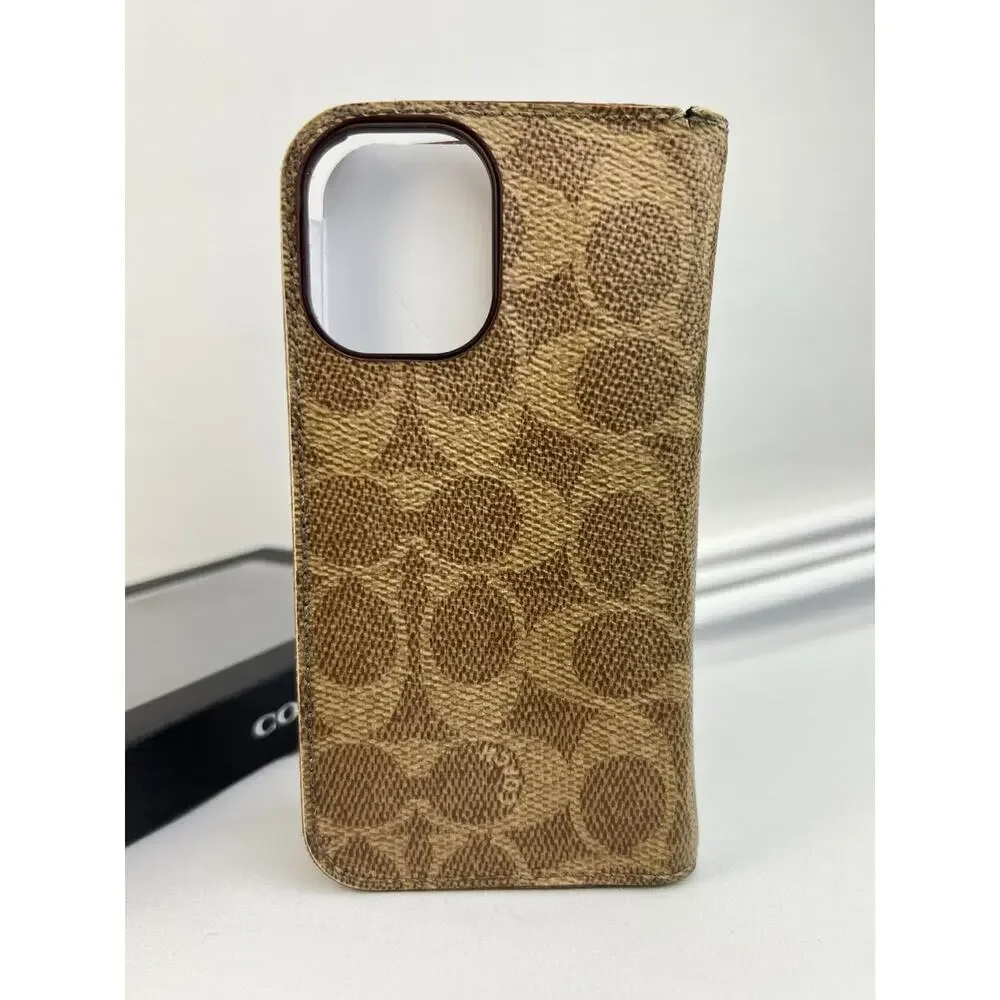 Coach 2024 iPhone 16 Folio Wallet Case Signature C Khaki Tan - Box Included